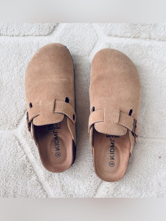 KIMCHI Shoes - Women's Taupe Suede Slip-On Clogs with Buckle